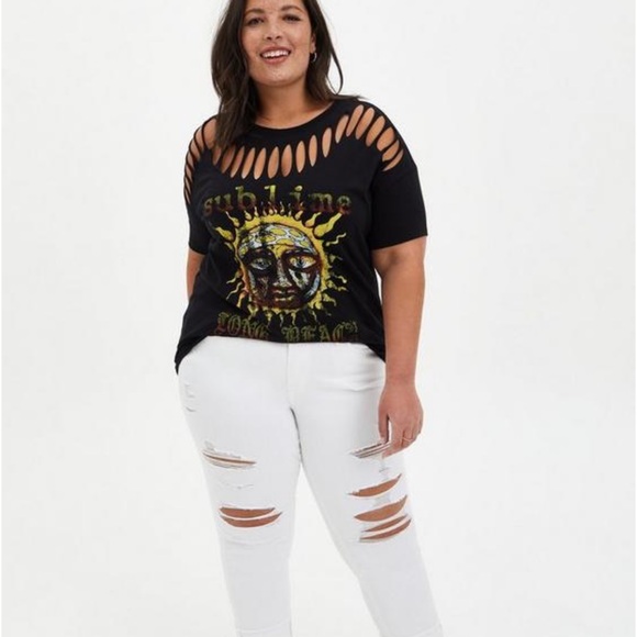 Torrid Sublime Long Beach Sun Black Slashed Tee - Picture 5 of 11